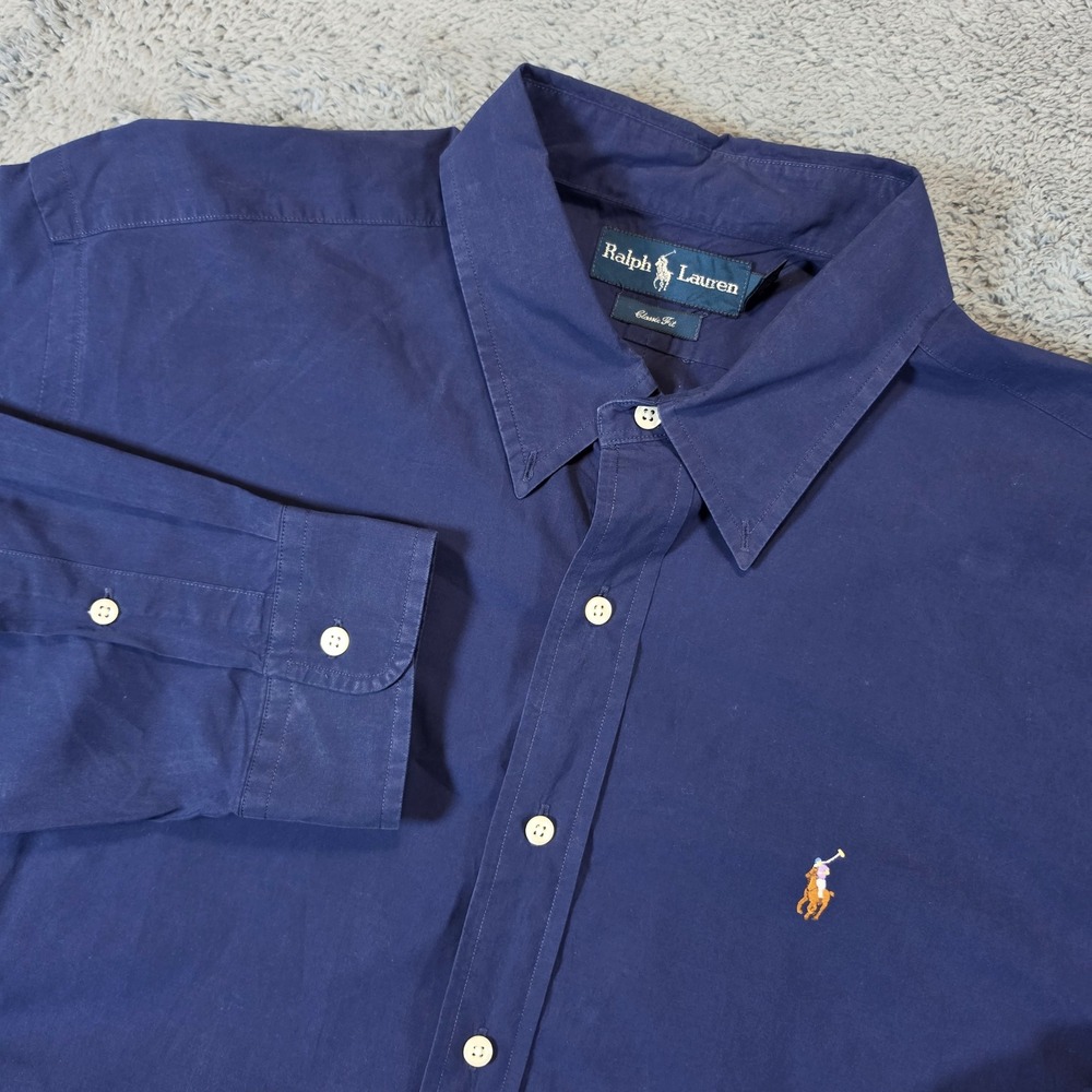 Ralph Lauren Button Down Shirt Mens XL Navy Blue Classic Fit Long Sleeve Cotton